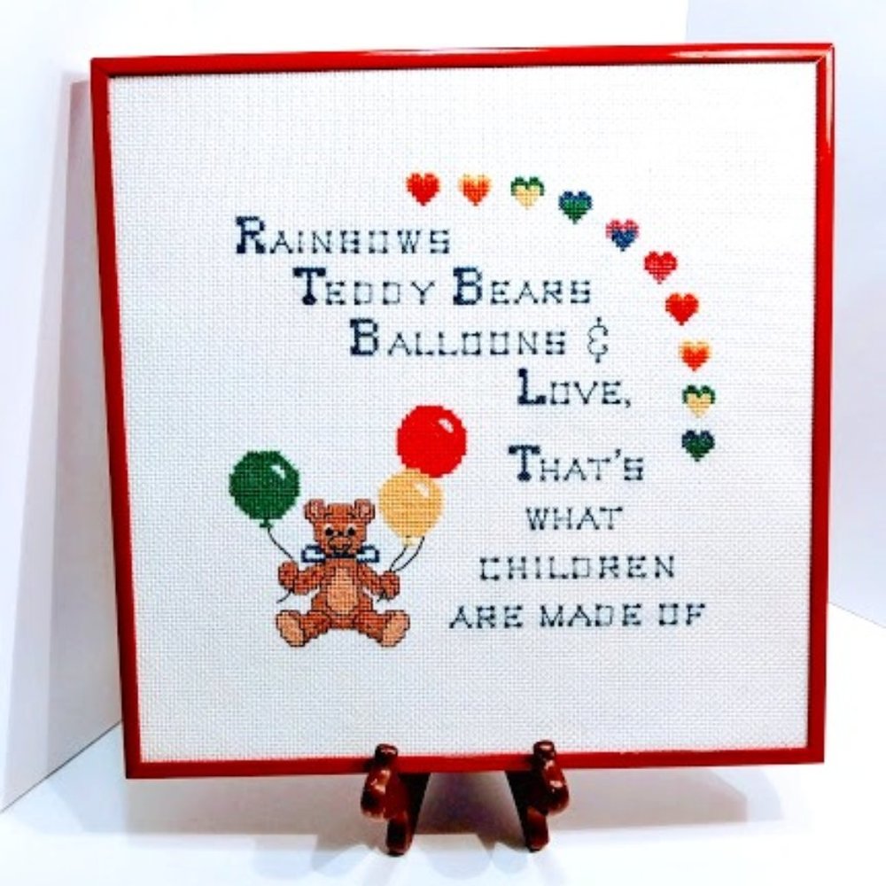 VTG*CHILD THEMED CROSS STITCH SAMPLER*TEDDY BEAR & BALOONS*RED METAL FRAME